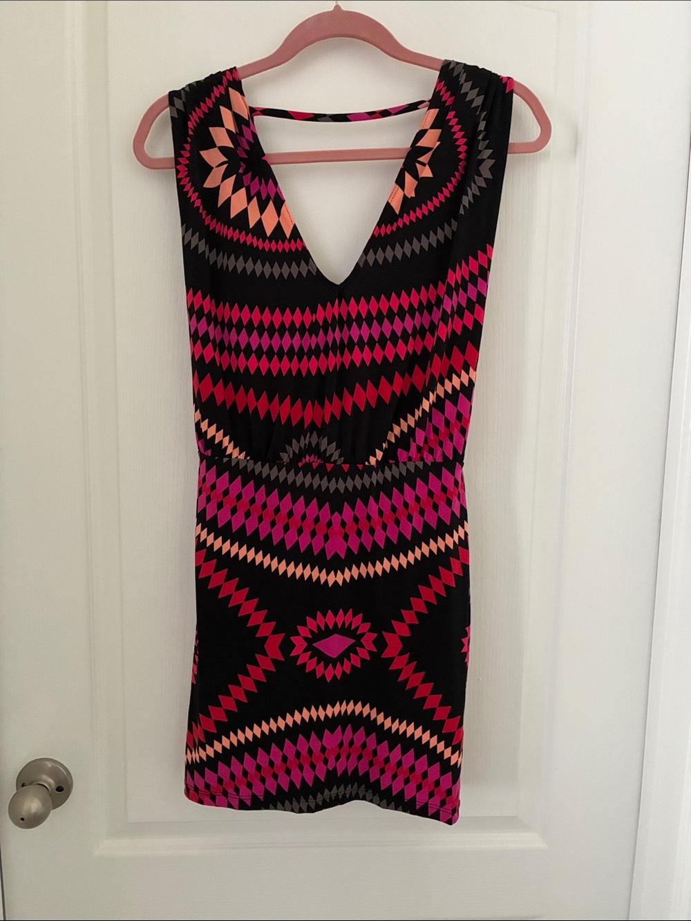 2B Bebe Black Mini Dress with Pink & Peach Geometric Pattern